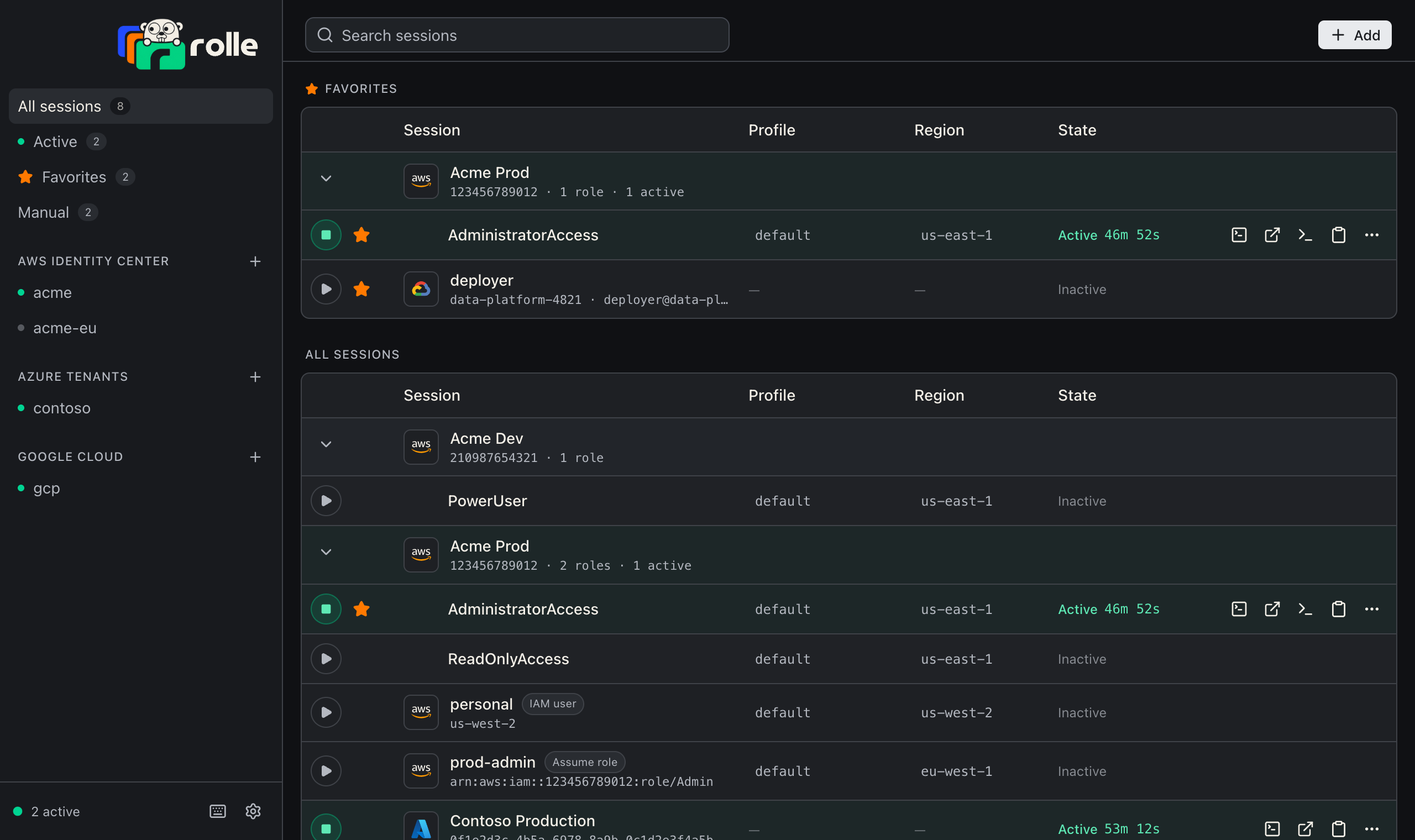 The session table with account groups, favorites, and two active sessions