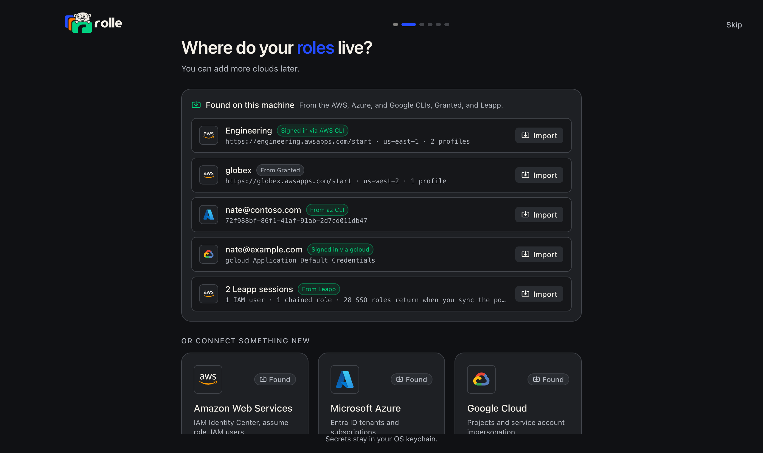 Onboarding: identities found on this machine and the three clouds to connect