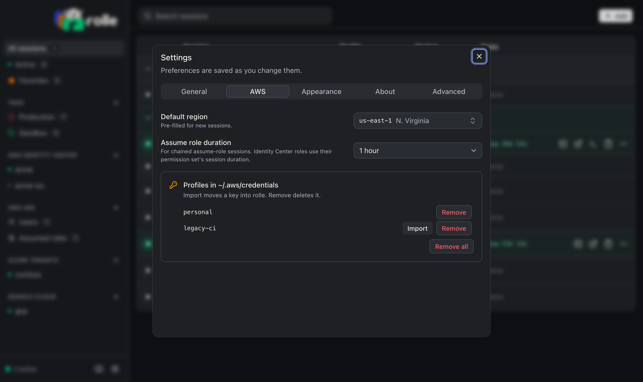 Settings, AWS tab, with the profiles in the credentials file